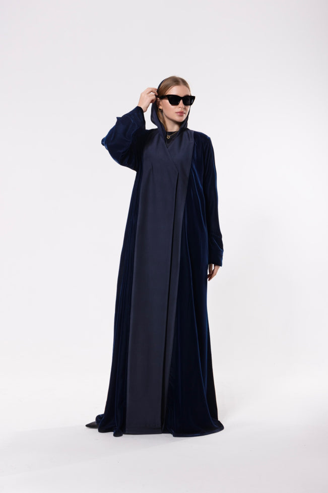 Royal blue abaya made from a luxurious blend of premium velvet and silk, offering a sophisticated and elegant look.