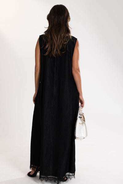 Back view of long black Esme Abaya dress, elegant modest wear from Qatar