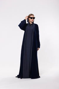 Royal blue abaya made from a luxurious blend of premium velvet and silk, offering a sophisticated and elegant look.