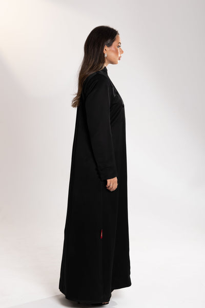 Rear view of Esme Abaya full-length black dress, luxury modest fashion