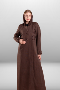 Deep brown coat-style abaya with front buttons, side pockets, and hand-embroidered detailing for a refined and stylish look.