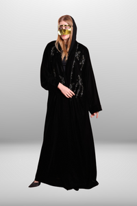 Deep black abaya with intricate embroidered detailing, showcasing luxurious velvet fabric and traditional craftsmanship.