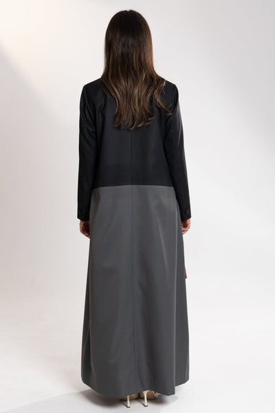 Back angle of Esme Abaya long blazer tailored elegant silhouette