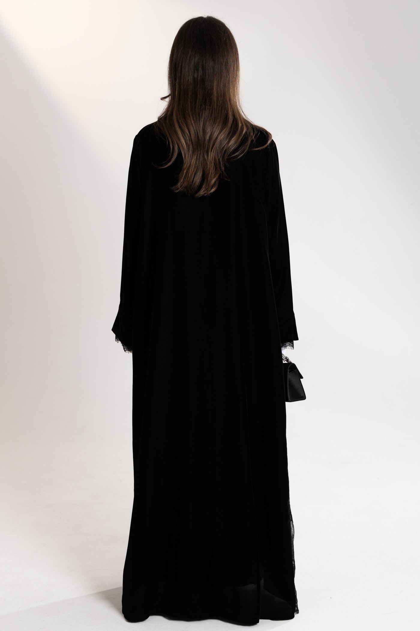 lace and velvet long dress by esme abaya qatar from back side