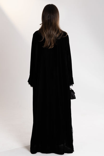 lace and velvet long dress by esme abaya qatar from back side
