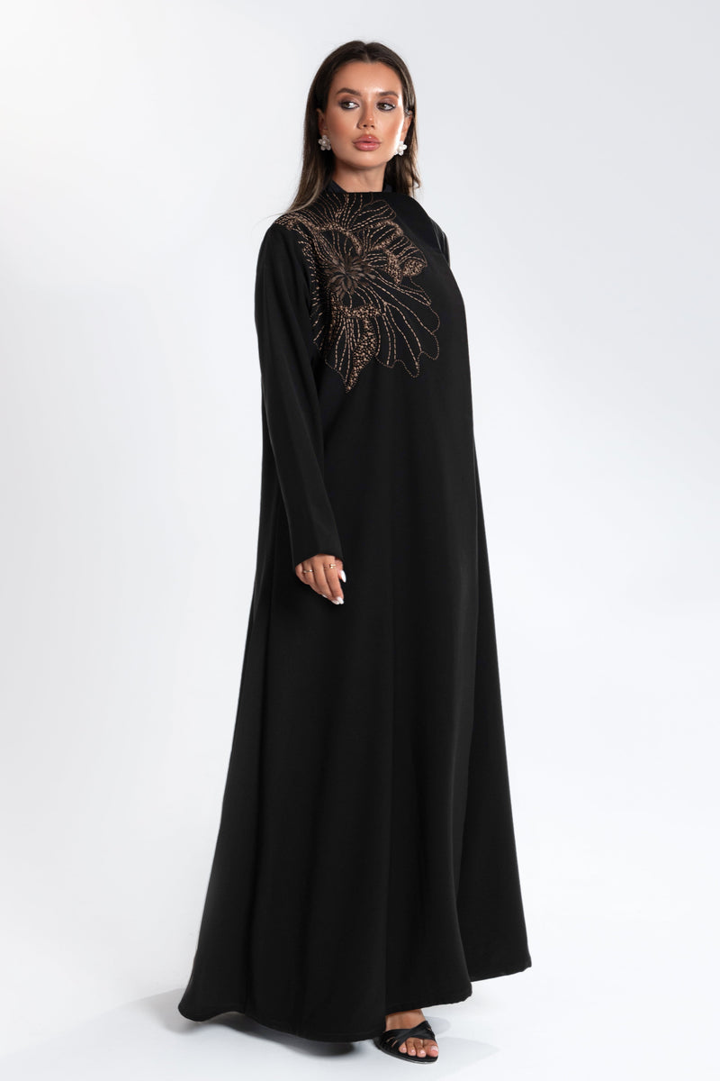 embroidered Esme Abaya look, handcrafted black velvet abaya from Qatar