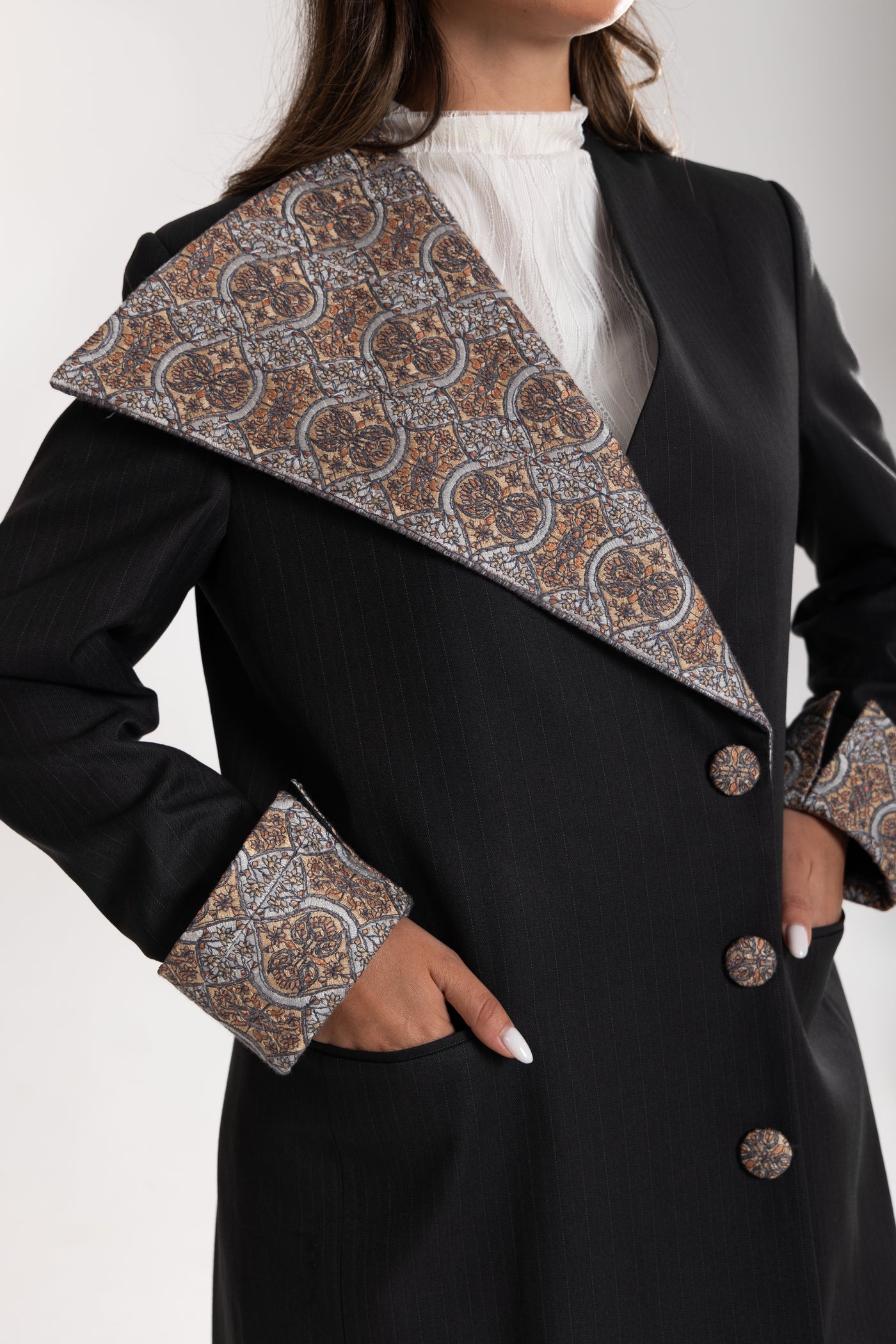embroidered blazer of esme abaya qatar close up view