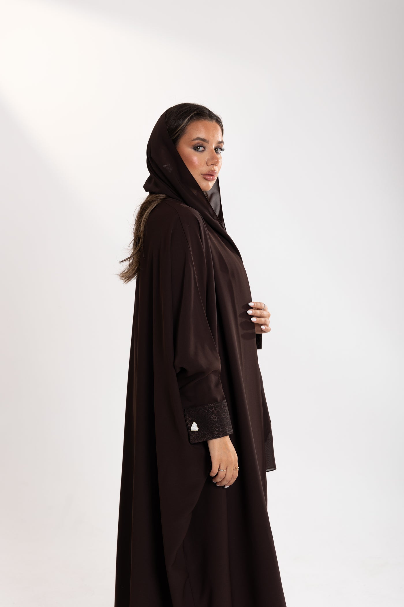 brown bisht abaya by esme abaya side view 