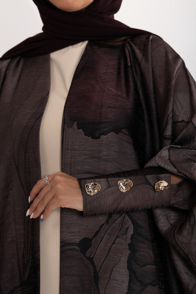 Brown bisht abaya with gold buttons from Esme Abaya winter collection