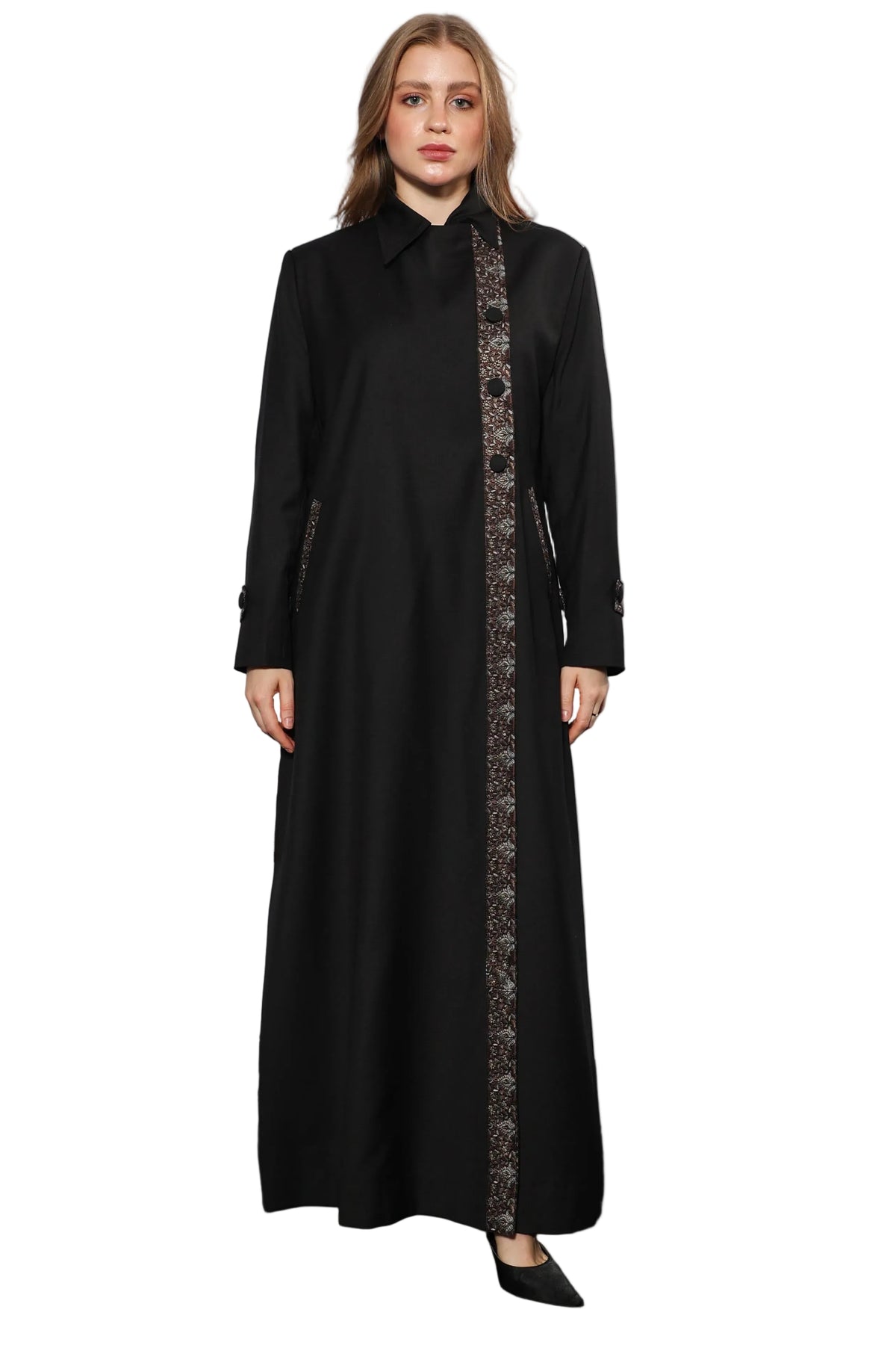Chic Collared abaya front view featuring structured collar and elegant modest silhouette