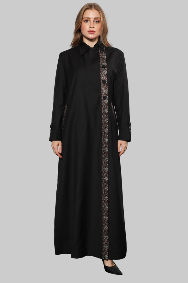 Chic Collared abaya front view featuring structured collar and elegant modest silhouette