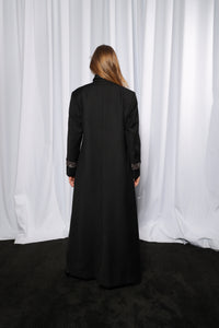 Full length front view of Chic Collared abaya showcasing tailored structure and clean lines