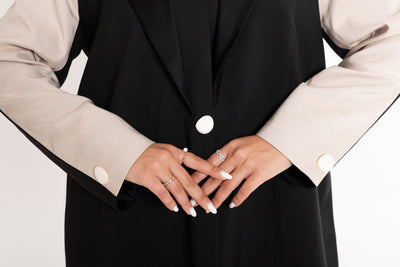 close up of Woman wearing Esme blazer Abaya from qatar