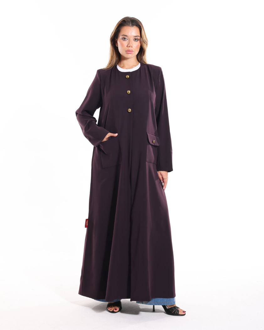 Dark Purple Abaya front view featuring a soft blazer cut, elegant golden button pockets, and premium modest fashion by Esmeabaya.