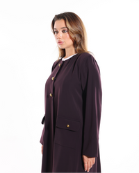 Full-length view of the Dark Purple Abaya showcasing its rich purple color, tailored blazer silhouette, and luxurious soft fabric.