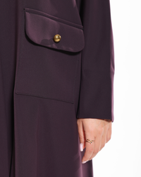 Side profile of the Dark Purple Abaya highlighting its graceful drape, structured blazer cut, and sophisticated modest style.