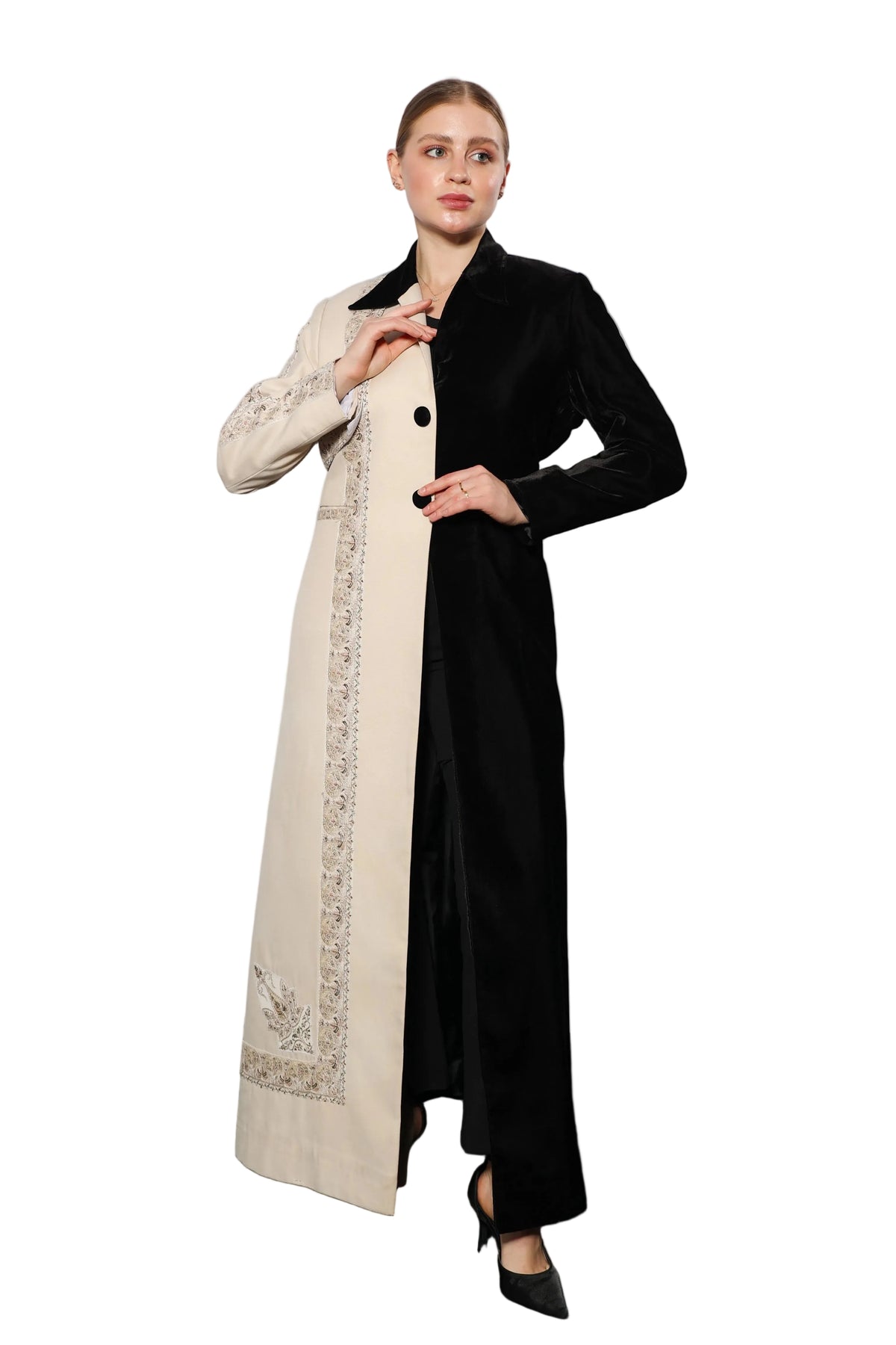 Esmeabaya Cultural Fusion Black Edition abaya front view in classic black with elegant modest silhouette