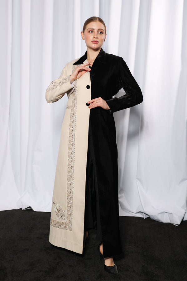 Esmeabaya Cultural Fusion Black Edition abaya front view in classic black with elegant modest silhouette