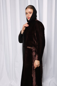 Close up design detail of Esmeabaya Cultural Fusion Brown Edition luxury modest abaya