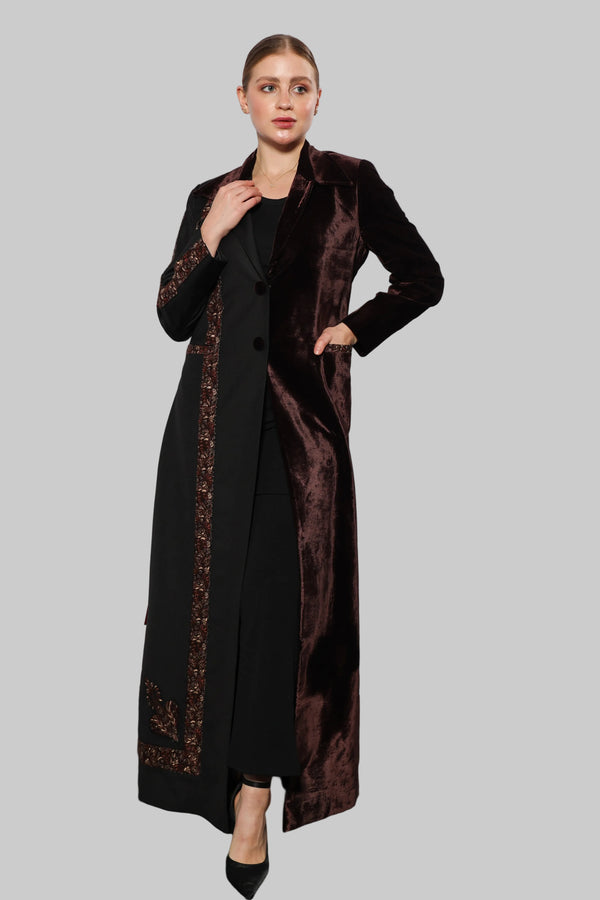 Esmeabaya Cultural Fusion Brown Edition abaya front view in rich brown tone with elegant modest silhouette