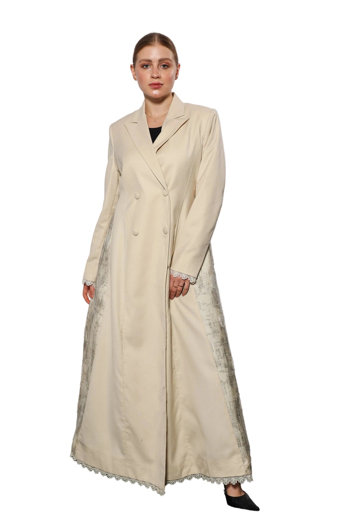 Esmeabaya Flowy Blazer Abaya front view featuring structured blazer style with flowing modest silhouette
