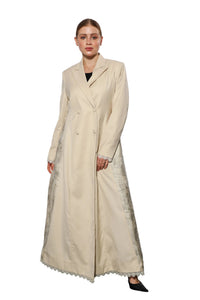 Esmeabaya Flowy Blazer Abaya front view featuring structured blazer style with flowing modest silhouette