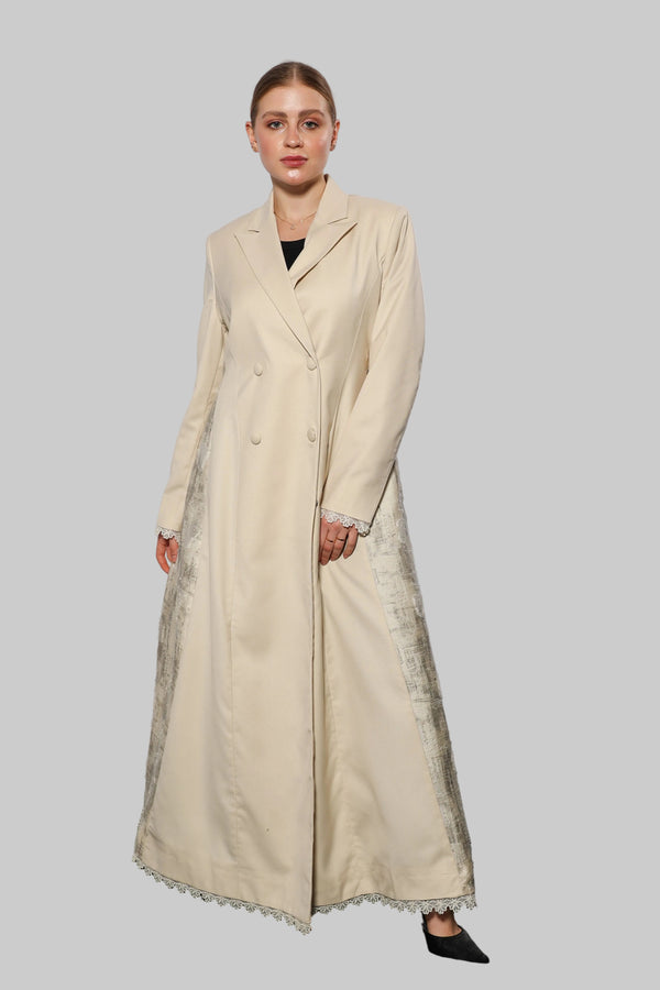 Esmeabaya Flowy Blazer Abaya front view featuring structured blazer style with flowing modest silhouette