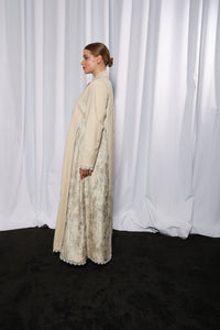 Side profile of Esmeabaya Flowy Blazer Abaya highlighting elegant drape and modern modest cut