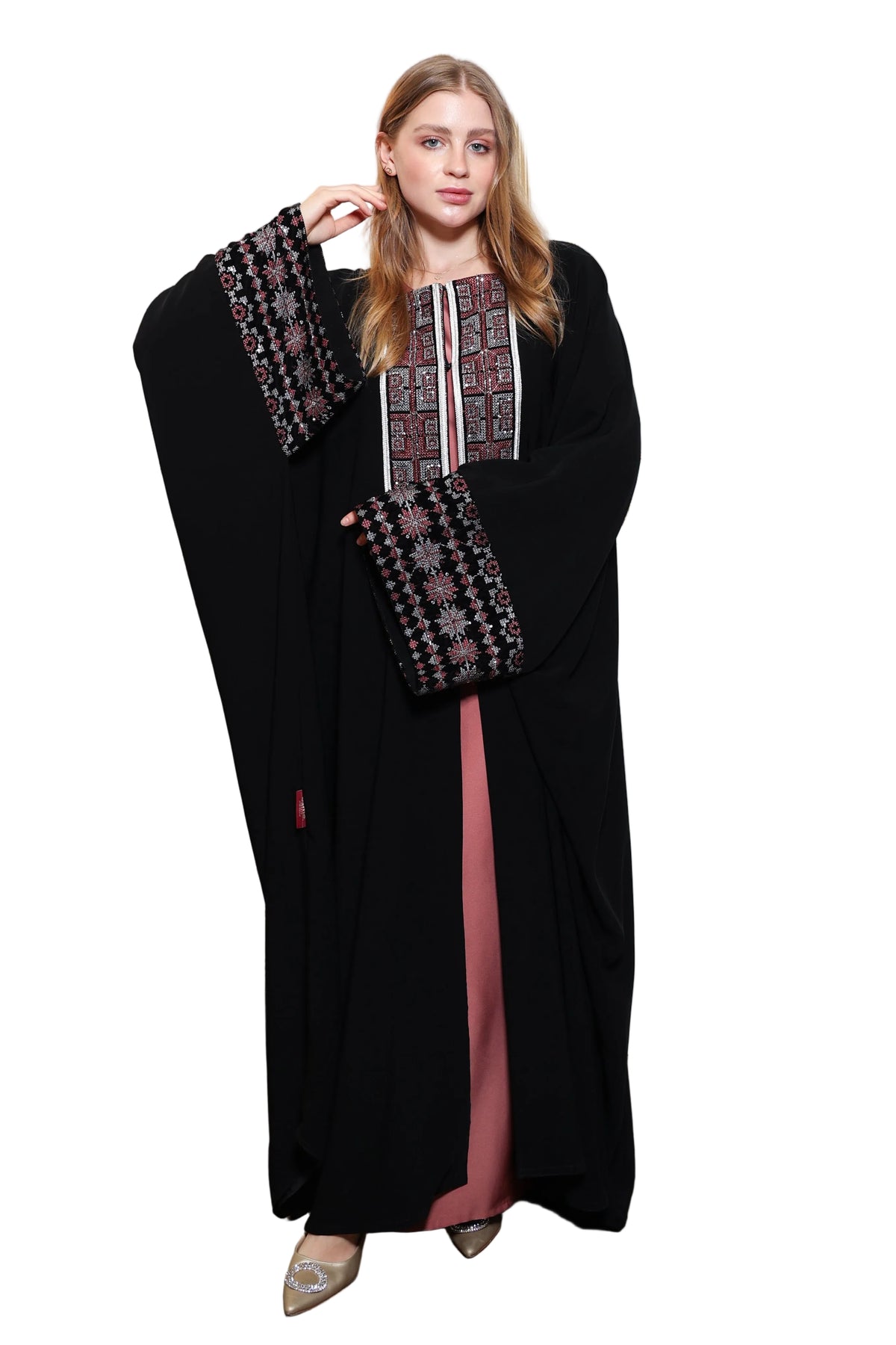 Esmeabaya Gala Bisht Abaya front view in luxurious design with elegant modest silhouette