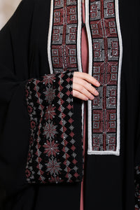 Neckline detail of Esmeabaya Gala Bisht Abaya with premium embellishments