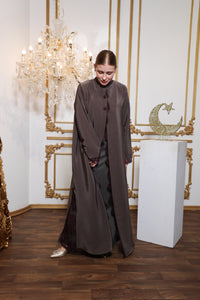 Back view of Esmeabaya Lace Abaya Legacy with elegant drape and intricate lace design