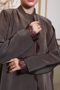 Close up embellishment detail of Esmeabaya Lace Abaya Legacy showcasing luxurious lace accents