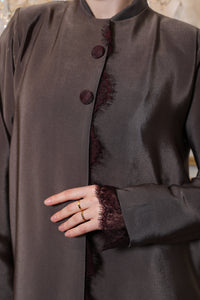 Close up fabric texture of Esmeabaya Lace Abaya Legacy highlighting premium lace material