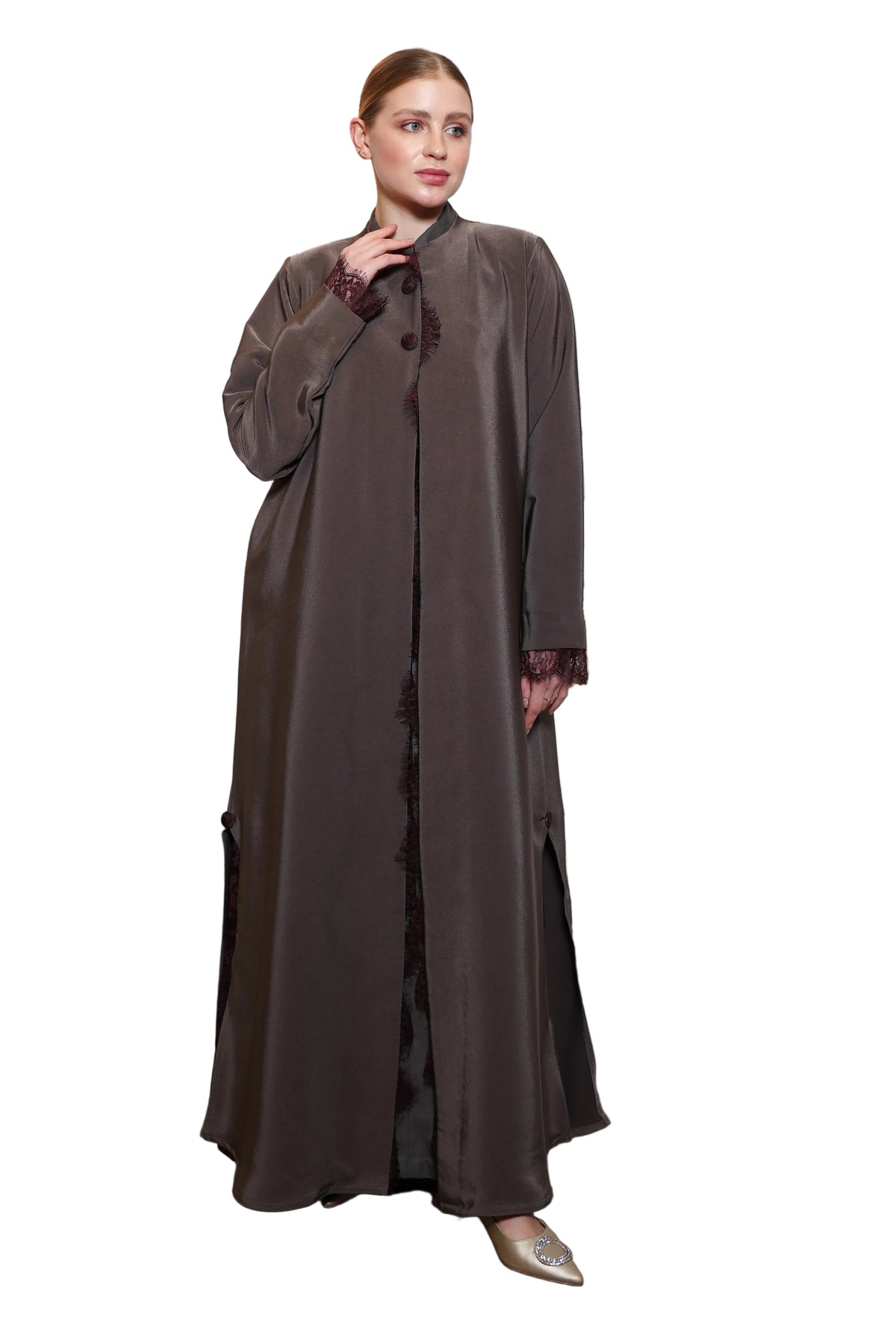 Esmeabaya Lace Abaya Legacy front view featuring intricate lace detailing and elegant modest silhouette