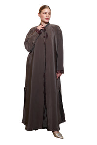Esmeabaya Lace Abaya Legacy front view featuring intricate lace detailing and elegant modest silhouette