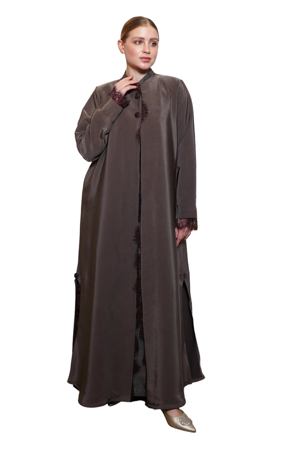 Esmeabaya Lace Abaya Legacy front view featuring intricate lace detailing and elegant modest silhouette