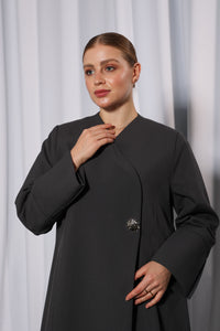 Premium fabric texture of Esmeabaya Minimalistic Gray Abaya in soft breathable material
