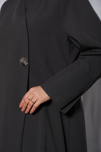 Front open style of Esmeabaya Minimalistic Gray Abaya designed for modern modest layering