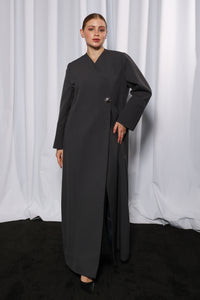 Esmeabaya Minimalistic Gray Abaya front view in soft gray tone with clean modest silhouette