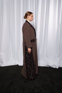 Side profile of Esmeabaya Noble Purple Blazer highlighting sharp tailoring and modern modest design