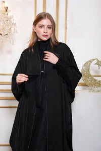 Neckline detail of Esmeabaya Regal Bisht Abaya with premium embellishments