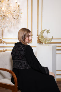 Close up design detail of Esmeabaya Royal Nakhla Abaya showcasing premium tailoring and regal aesthetics
