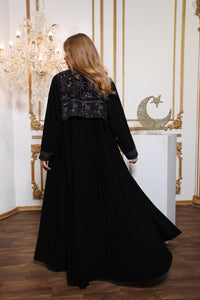 Neckline detail of Esmeabaya Royal Nakhla Abaya with premium embellishments