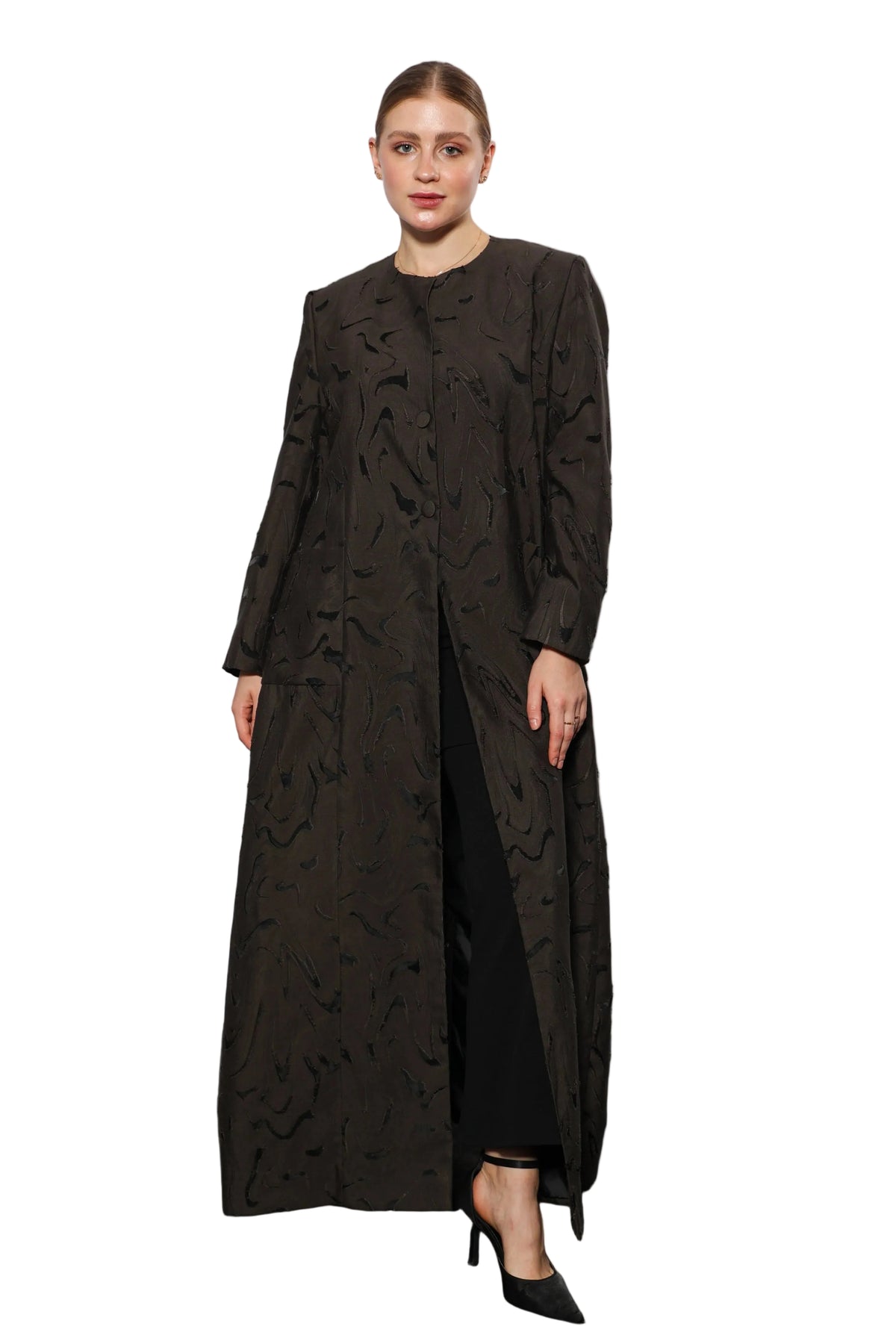 Esmeabaya Soft Olive Abaya front view in elegant olive green with modest flowing silhouette