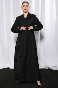 Flowy Soft Blazer abaya front view featuring soft tailored collar and elegant modest silhouette