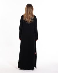 Close-up of the six front buttons on the Glow Pocket Abaya Black showcasing elegant tailoring and premium modest fashion.