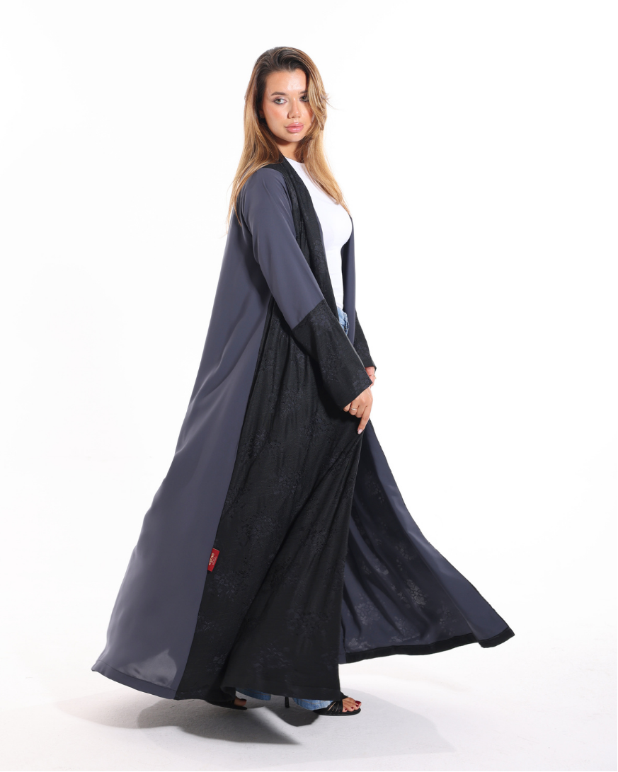 Graphite Grace abaya from Esme Abaya Summer '26 collection featuring a sophisticated graphite tone and elegant modest fashion design.