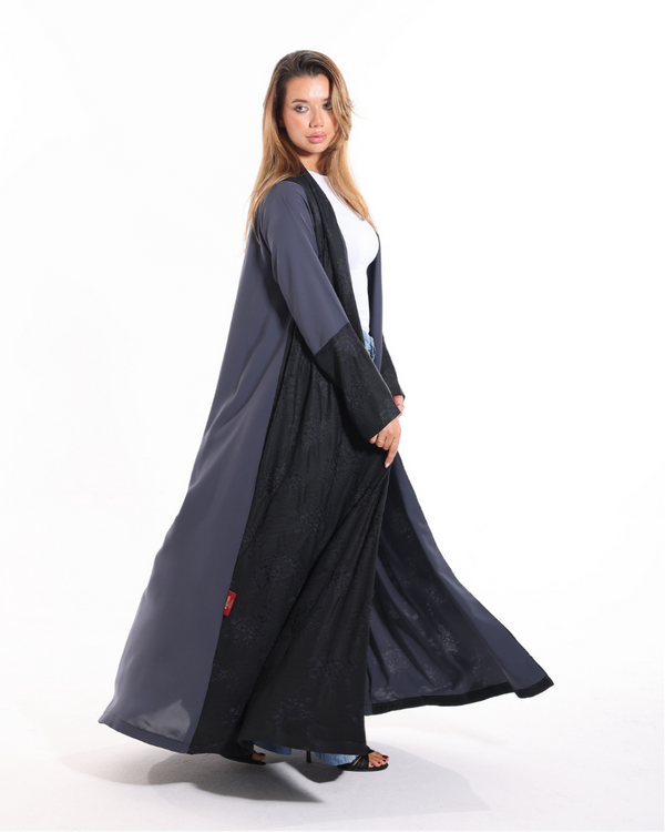 Graphite Grace abaya from Esme Abaya Summer '26 collection featuring a sophisticated graphite tone and elegant modest fashion design.