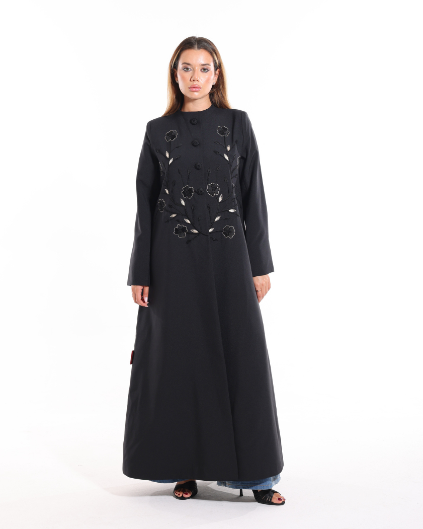 Hand Embroidered Abaya front view featuring a luxury blazer silhouette, handcrafted embroidery, embroidered buttons, and premium Korean Escada fabric by Esmeabaya.
