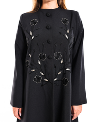Full-length view of the Hand Embroidered Abaya showcasing elegant hand embroidery, blazer-style tailoring, back slit, and premium modest fashion.